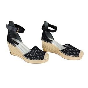 Franco Sarto Espadrille Wedge Sandals 8.5M Marsha 2 Strap Black Lace Raffia Heel